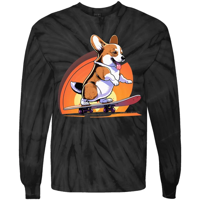 Funny Skateboarding Corgi Tie-Dye Long Sleeve Shirt