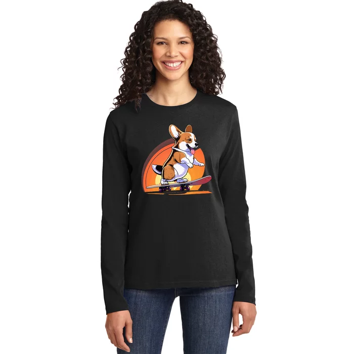 Funny Skateboarding Corgi Ladies Long Sleeve Shirt