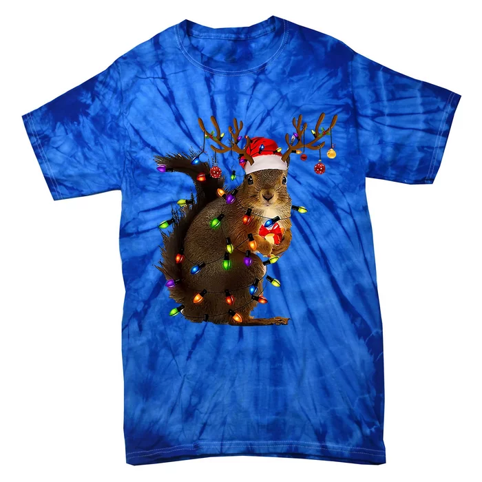 Funny Squirrel Christmas Tree Lights Santa Hat Family Pajama Great Gift Tie-Dye T-Shirt