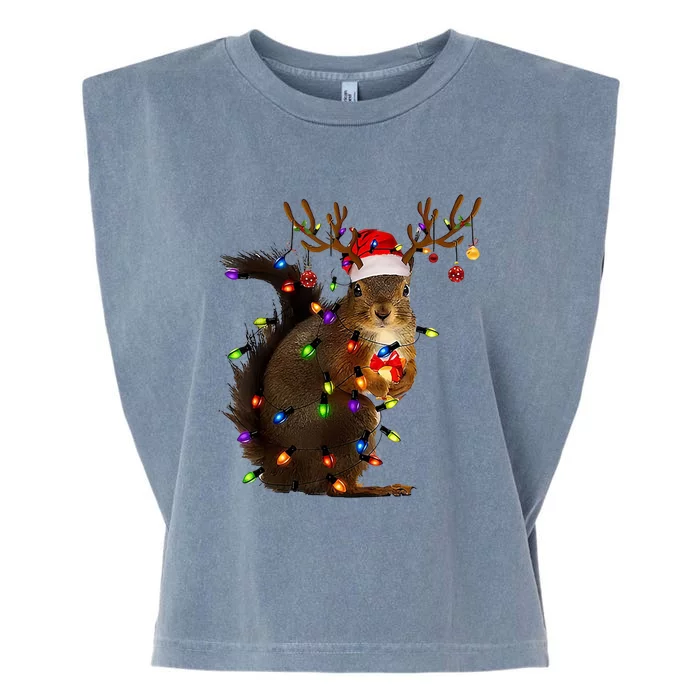 Funny Squirrel Christmas Tree Lights Santa Hat Family Pajama Great Gift Garment-Dyed Women's Muscle Tee