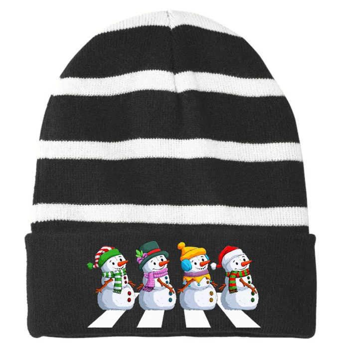 funny snowman Crossing Road Crosswalk snowmies Christmas Striped Beanie with Solid Band