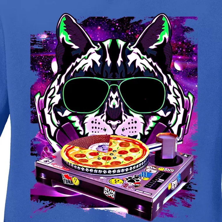 Funny Space Cat Remix Dj Pizza Remix For Cat Galaxy Lovers Gift Ladies Long Sleeve Shirt