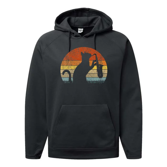 Funny Saxophone Cat Musician Jazz Music Lover Retro Vintage Performance Fleece Hoodie