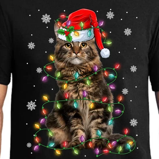 Funny Santa Claus Maine Coon Cat And Christmas Lights Xmas Gift Pajama Set