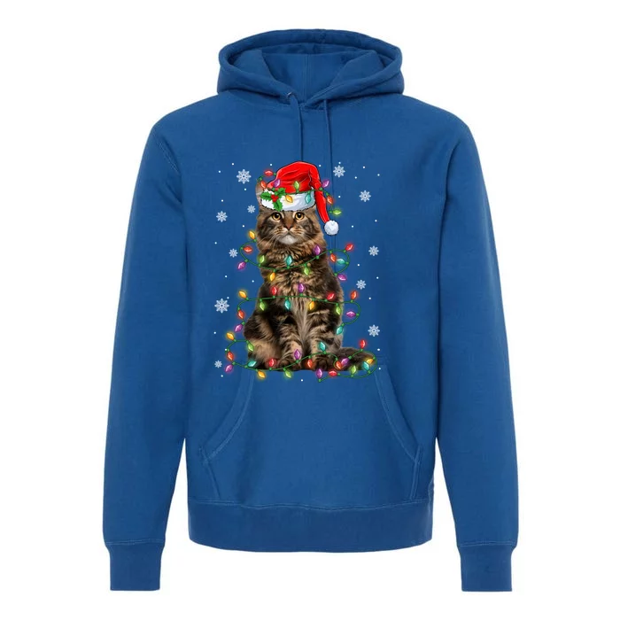 Funny Santa Claus Maine Coon Cat And Christmas Lights Xmas Gift Premium Hoodie