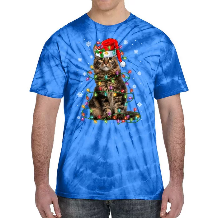 Funny Santa Claus Maine Coon Cat And Christmas Lights Xmas Gift Tie-Dye T-Shirt