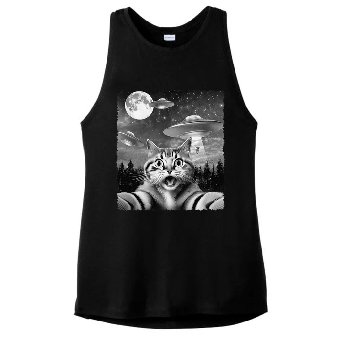 Funny Scared Cat Selfie With Ufos Gift Idea Ladies Tri-Blend Wicking Tank