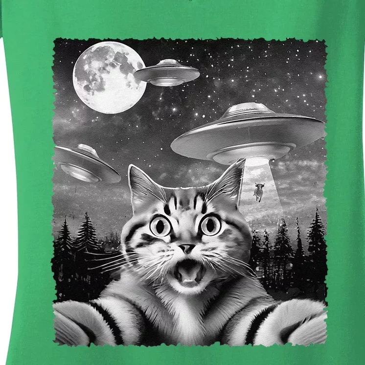 Funny Scared Cat Selfie With Ufos Gift Idea Women's V-Neck T-Shirt