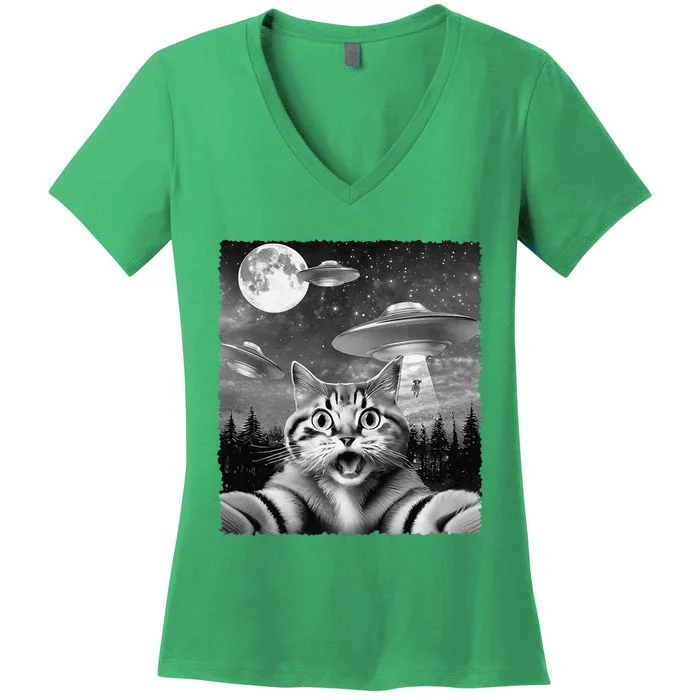 Funny Scared Cat Selfie With Ufos Gift Idea Women's V-Neck T-Shirt