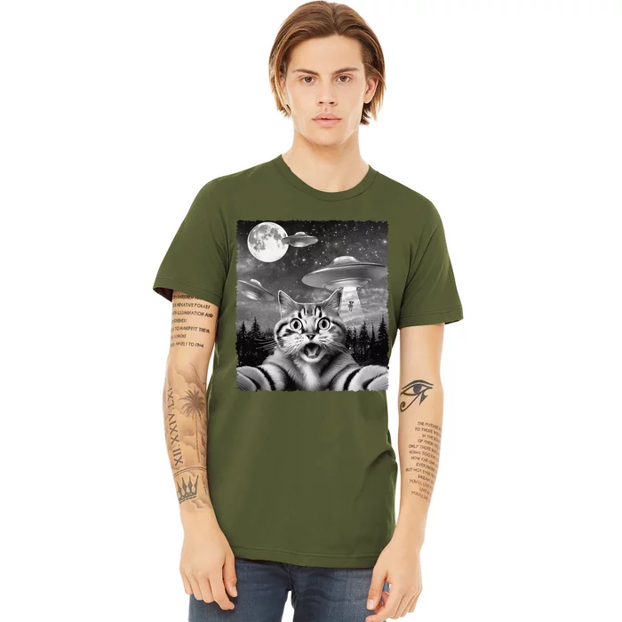 Funny Scared Cat Selfie With Ufos Gift Idea Premium T-Shirt