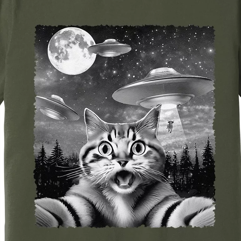 Funny Scared Cat Selfie With Ufos Gift Idea Premium T-Shirt