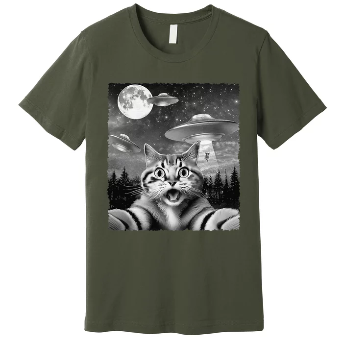 Funny Scared Cat Selfie With Ufos Gift Idea Premium T-Shirt