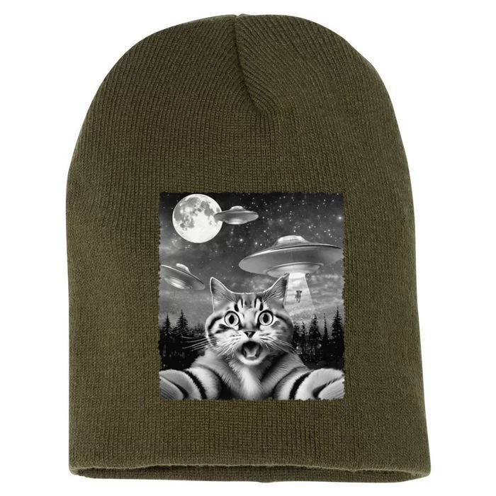 Funny Scared Cat Selfie With Ufos Gift Idea Short Acrylic Beanie