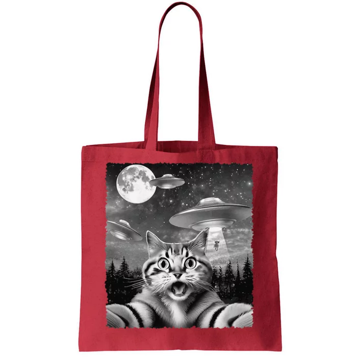 Funny Scared Cat Selfie With Ufos Gift Idea Tote Bag