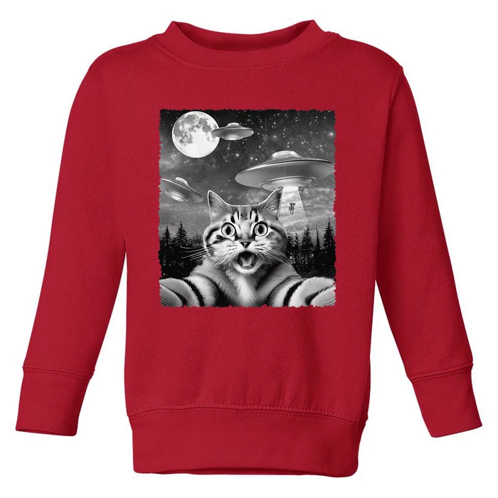 Funny Scared Cat Selfie With Ufos Gift Idea Toddler Sweatshirt