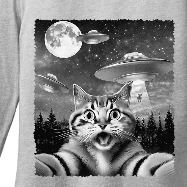 Funny Scared Cat Selfie With Ufos Gift Idea Womens CVC Long Sleeve Shirt