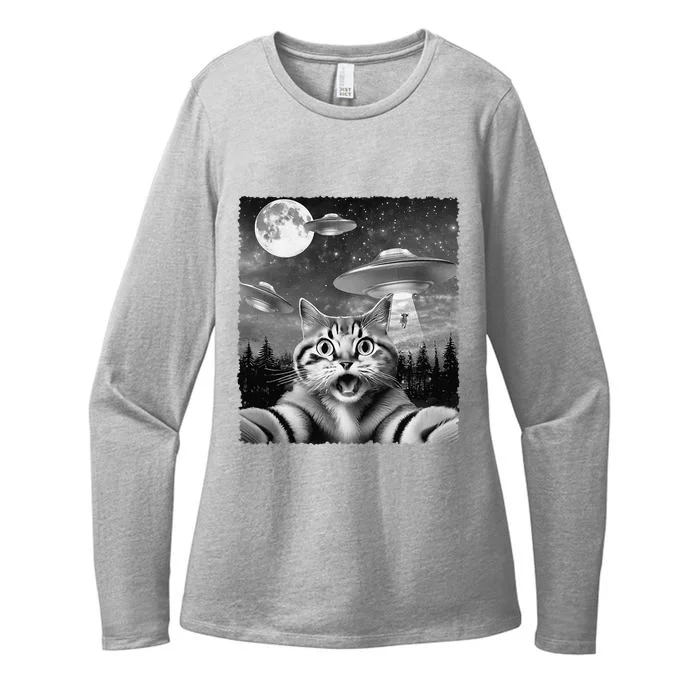 Funny Scared Cat Selfie With Ufos Gift Idea Womens CVC Long Sleeve Shirt