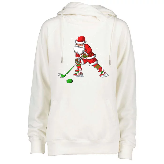 Funny Santa Claus Christmas Ice Hockey Christmas Xmas Gift Womens Funnel Neck Pullover Hood