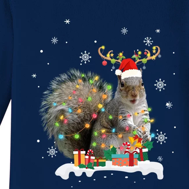 Funny Squirrel Christmas Reindeer Christmas Lights Pajama Funny Gift Baby Long Sleeve Bodysuit