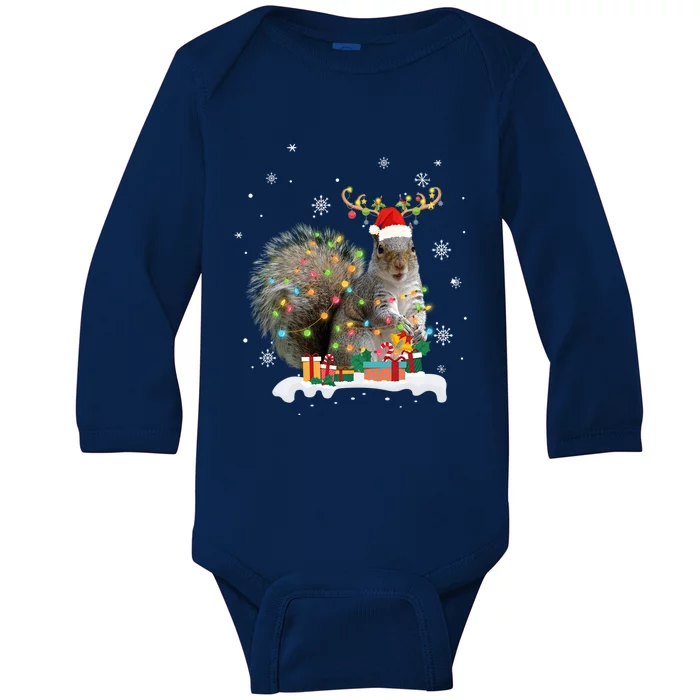 Funny Squirrel Christmas Reindeer Christmas Lights Pajama Funny Gift Baby Long Sleeve Bodysuit