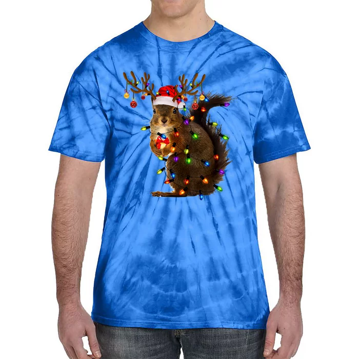 Funny Squirrel Christmas Tree Lights Reindeer Santa Hat Xmas Gift Tie-Dye T-Shirt