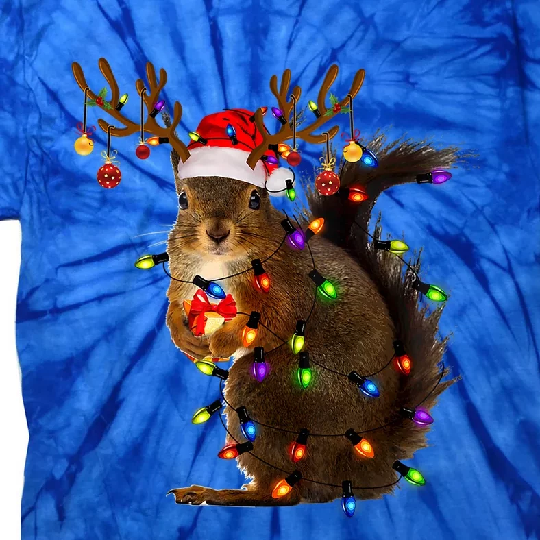 Funny Squirrel Christmas Tree Lights Reindeer Santa Hat Xmas Gift Tie-Dye T-Shirt