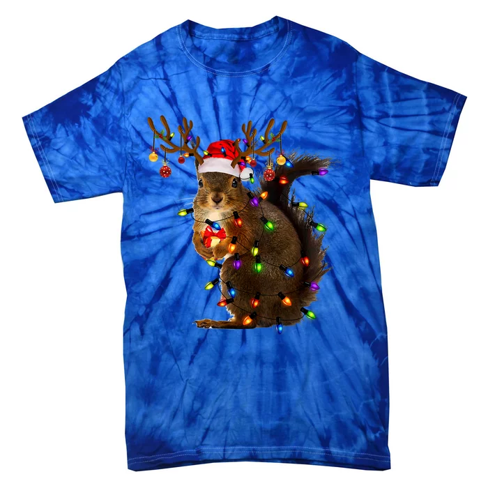 Funny Squirrel Christmas Tree Lights Reindeer Santa Hat Xmas Gift Tie-Dye T-Shirt