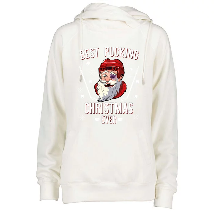 Funny Santa Claus Ice Hockey Best Pucking Christmas Gift Womens Funnel Neck Pullover Hood