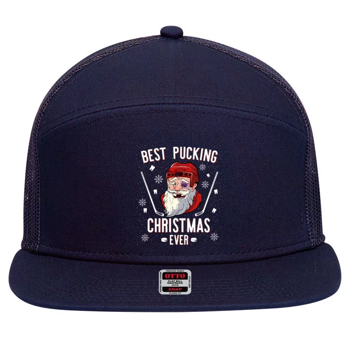 Funny Santa Claus Ice Hockey Best Pucking Christmas Gift 7 Panel Mesh Trucker Snapback Hat