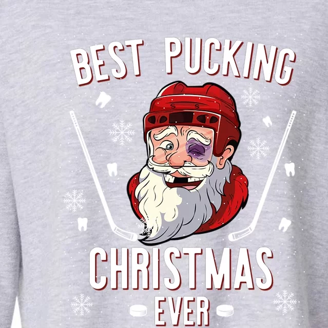 Funny Santa Claus Ice Hockey Best Pucking Christmas Gift Cropped Pullover Crew