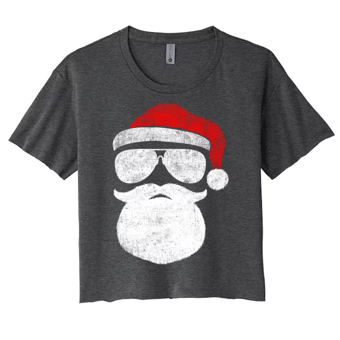 Funny Santa Claus Face Sunglasses With Hat Beard Christmas Women's Crop Top Tee