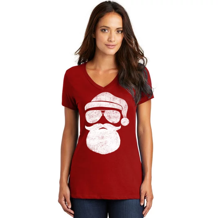 Funny Santa Claus Face Sunglasses With Hat Beard Christmas Women's V-Neck T-Shirt