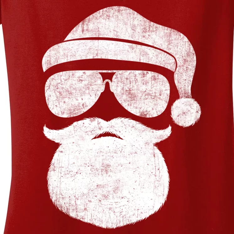 Funny Santa Claus Face Sunglasses With Hat Beard Christmas Women's V-Neck T-Shirt