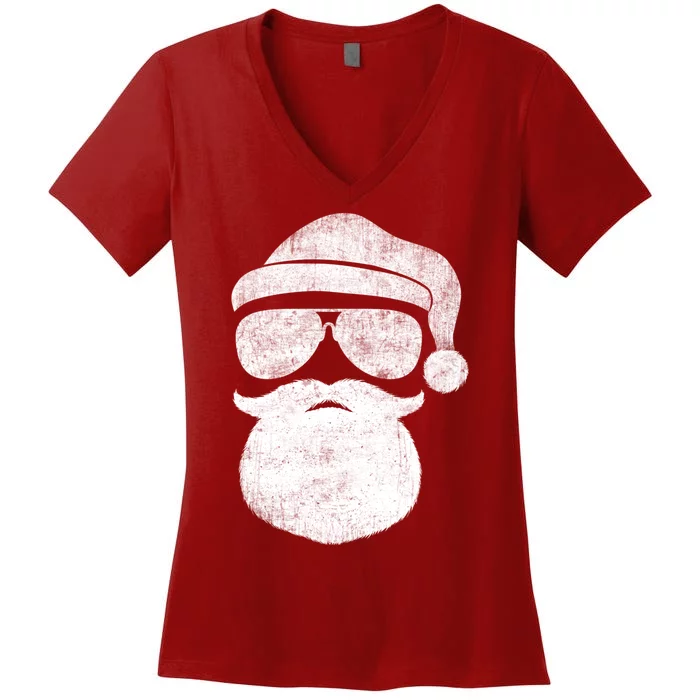 Funny Santa Claus Face Sunglasses With Hat Beard Christmas Women's V-Neck T-Shirt