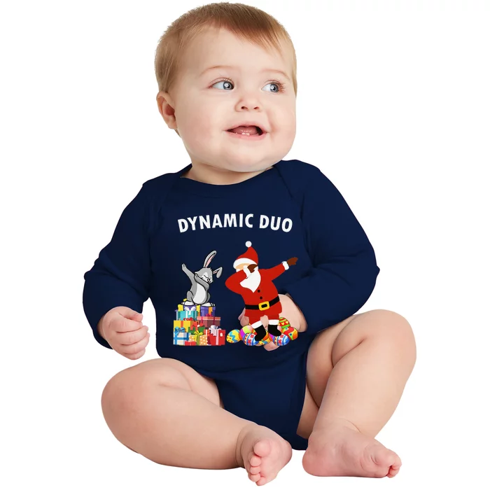 Funny Santa Claus And Easter Bunny Dynamic Duo Baby Long Sleeve Bodysuit