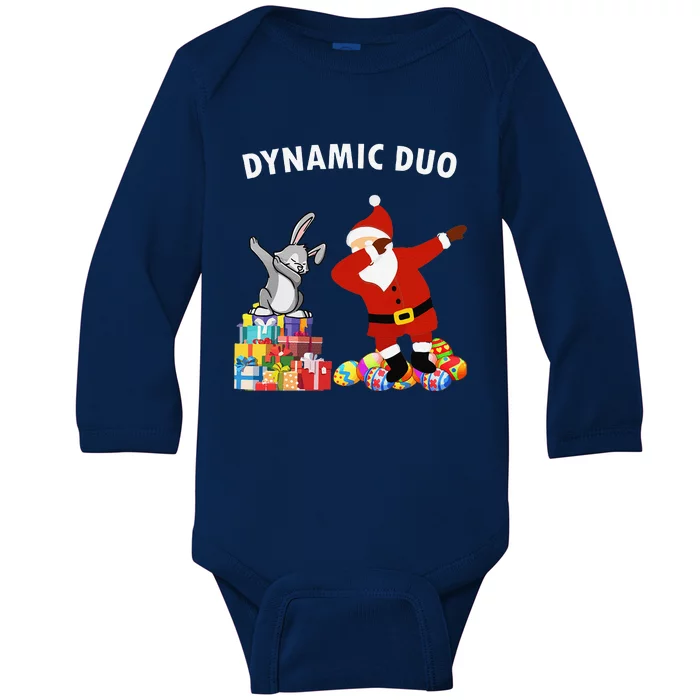 Funny Santa Claus And Easter Bunny Dynamic Duo Baby Long Sleeve Bodysuit