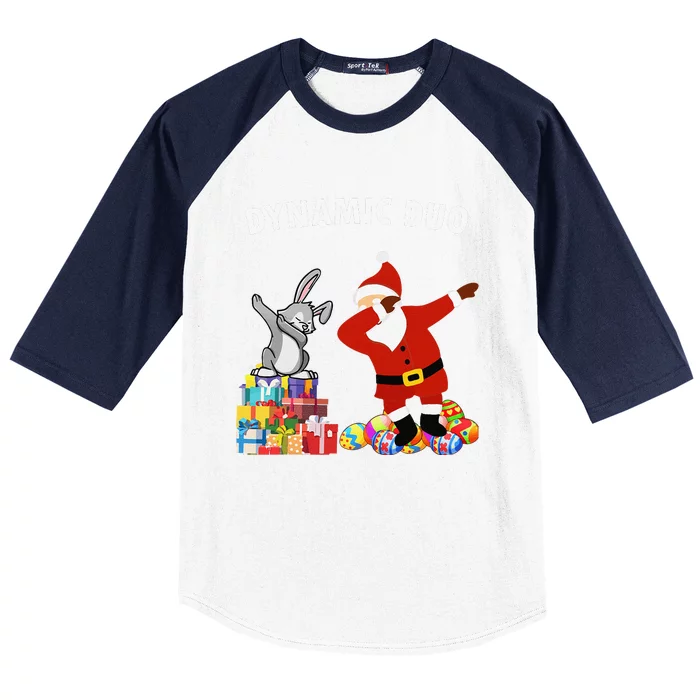 Funny Santa Claus And Easter Bunny Dynamic Duo Baseball Sleeve Shirt