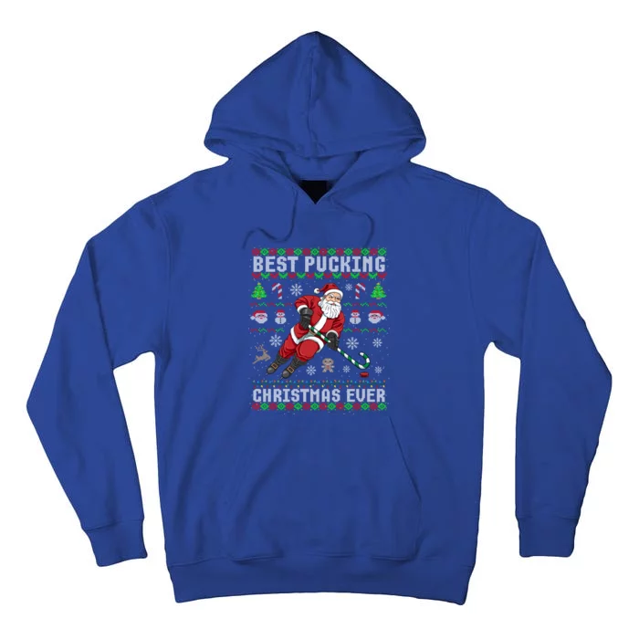 Funny Santa Claus Ugly Christmas Ice Hockey Best Pucking Gift Tall Hoodie