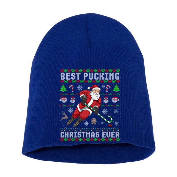 Funny Santa Claus Ugly Christmas Ice Hockey Best Pucking Gift Short Acrylic Beanie