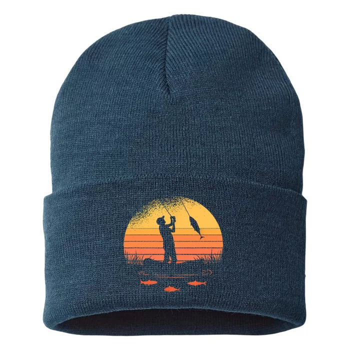 Fisherman Sunset Catching A Fish, & View Beneath The Water Fishing Sustainable Knit Beanie