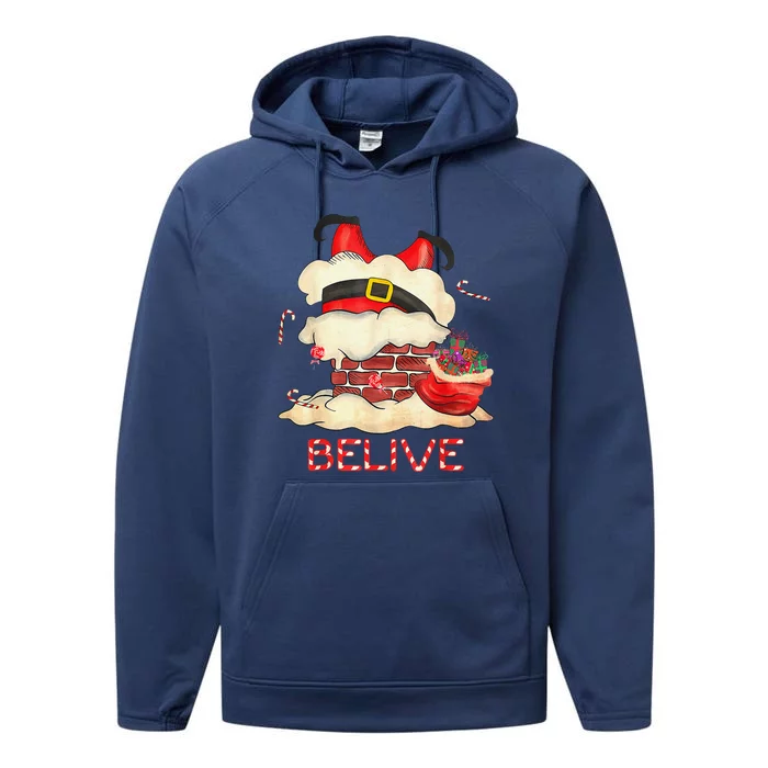 Funny Santa Claus Stuck In The Chimney Believe Christmas Performance Fleece Hoodie