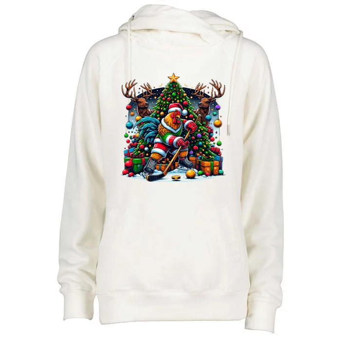 Funny Santa Chicken Playing Hockey Gift Womens Funnel Neck Pullover Hood