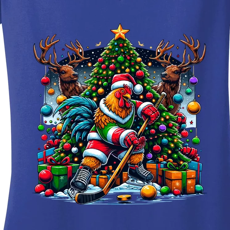 Funny Santa Chicken Playing Hockey Gift Women's V-Neck T-Shirt