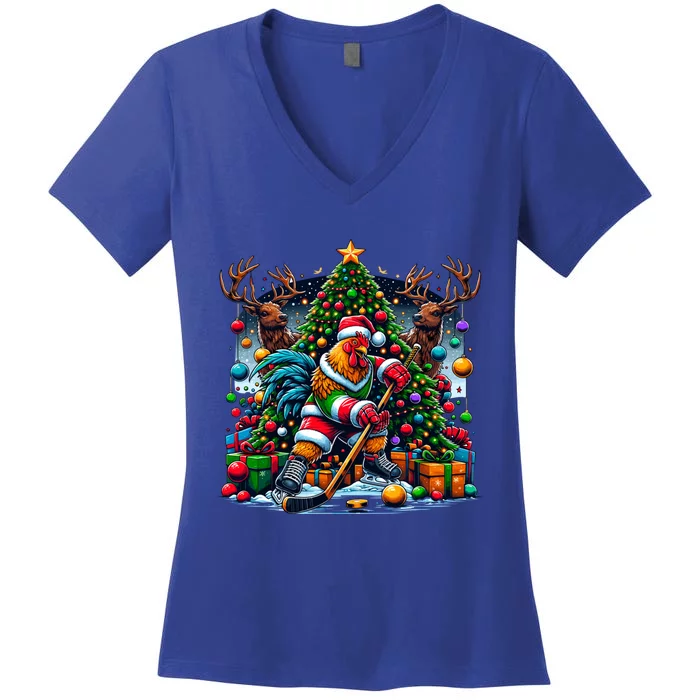 Funny Santa Chicken Playing Hockey Gift Women's V-Neck T-Shirt