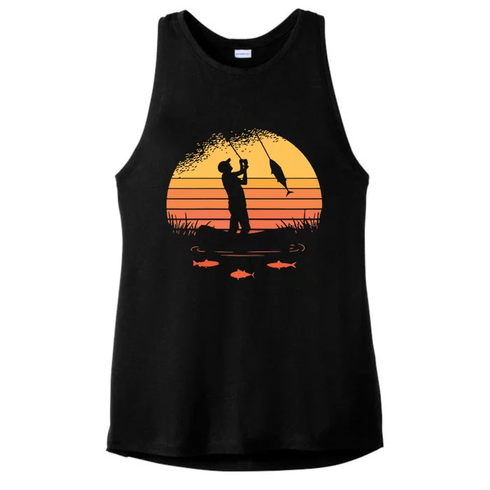 Fisherman Sunset Catching A Fish & View Beneath The Water Ladies Tri-Blend Wicking Tank