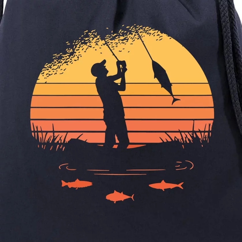 Fisherman Sunset Catching A Fish & View Beneath The Water Drawstring Bag