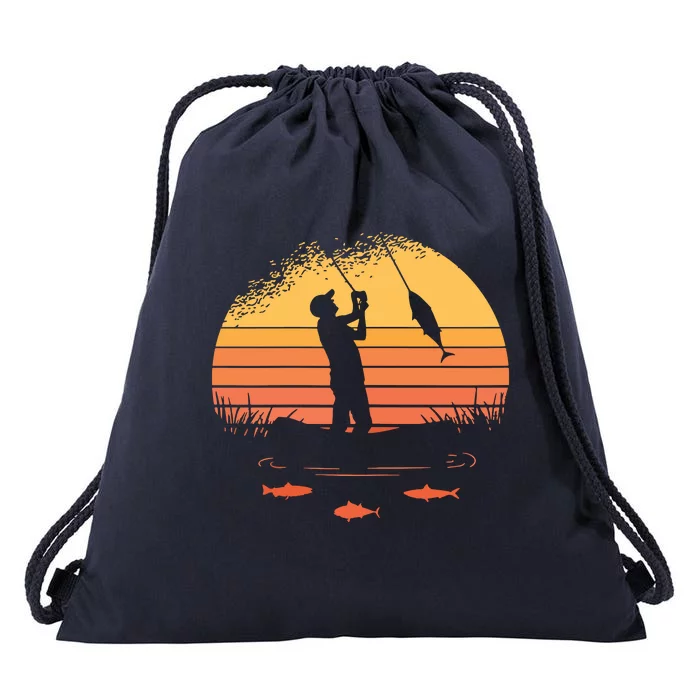 Fisherman Sunset Catching A Fish & View Beneath The Water Drawstring Bag