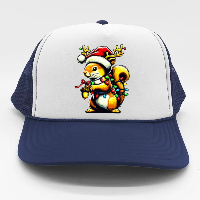 Funny Squirrel Christmas Tree Lights Reindeer Santa Hat Xmas Trucker Hat