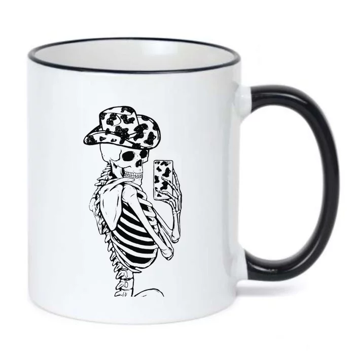 Funny Skeleton Cowgirl Selfie Cow Print Cowboy Hat Western Black Color Changing Mug