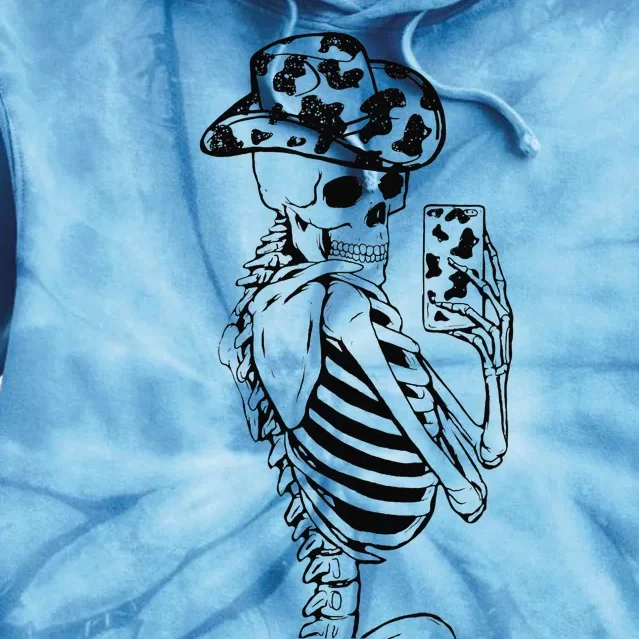 Funny Skeleton Cowgirl Selfie Cow Print Cowboy Hat Western Tie Dye Hoodie